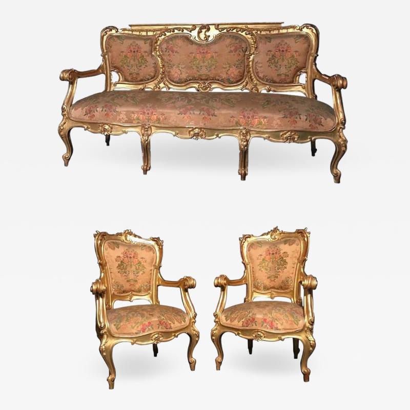Italian 19th Century Gilt Living Room Suite with a Sofa and Pair of Armchairs