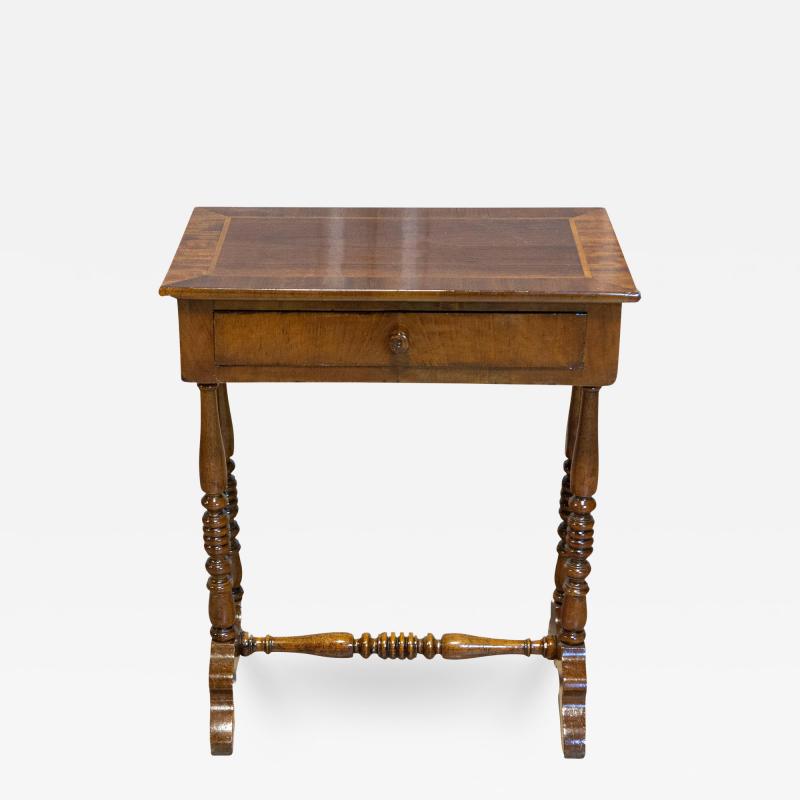 Italian 19th Century Walnut Side Table with Inlaid Banding and Turned Legs