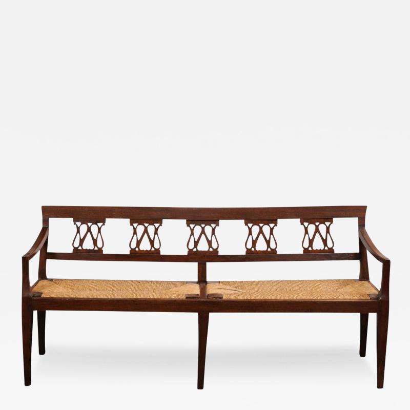 Italian 19th Walnut Bench with Carved Splats Rush Seat and Tapered Legs