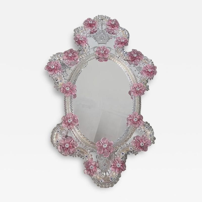 Italian 2000s Oval Pink Floreal Hand Carving Mirror in Murano Glass Style