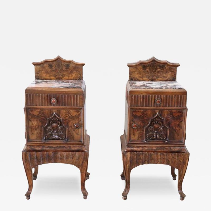 Italian Art Deco Pair of Nightstands with Marble Top