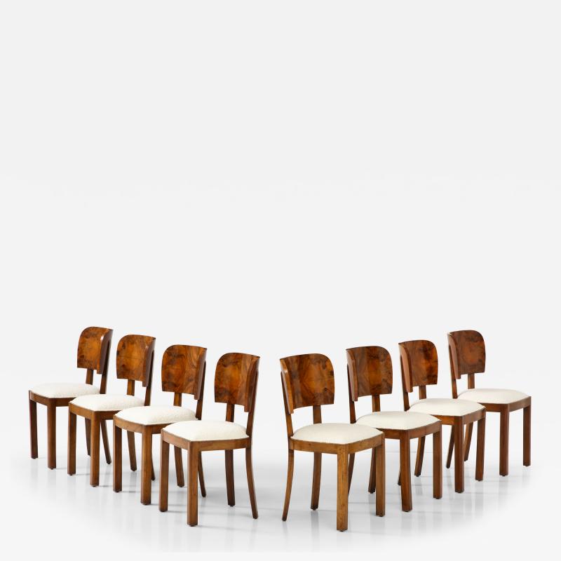 Italian Art Deco Set of Eight Burl Wood Dining Chairs Italy circa 1940