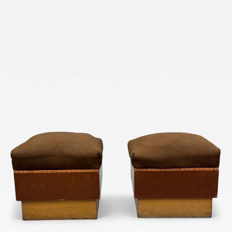Italian Art Deco Stained Wood Brown Fabric Ottomans or Poufs Italy 1930s