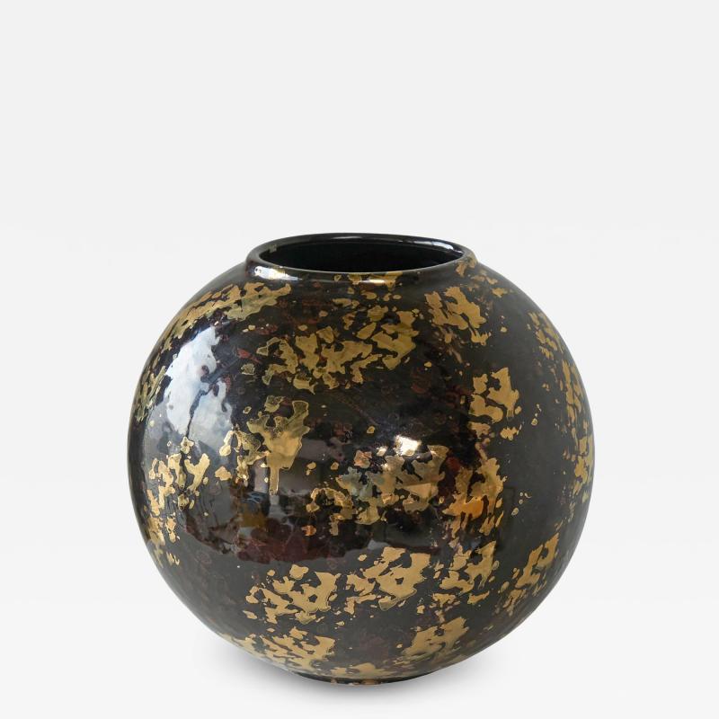 Italian Art Deco Studio Pottery Vase with Gold Flakes 1940s