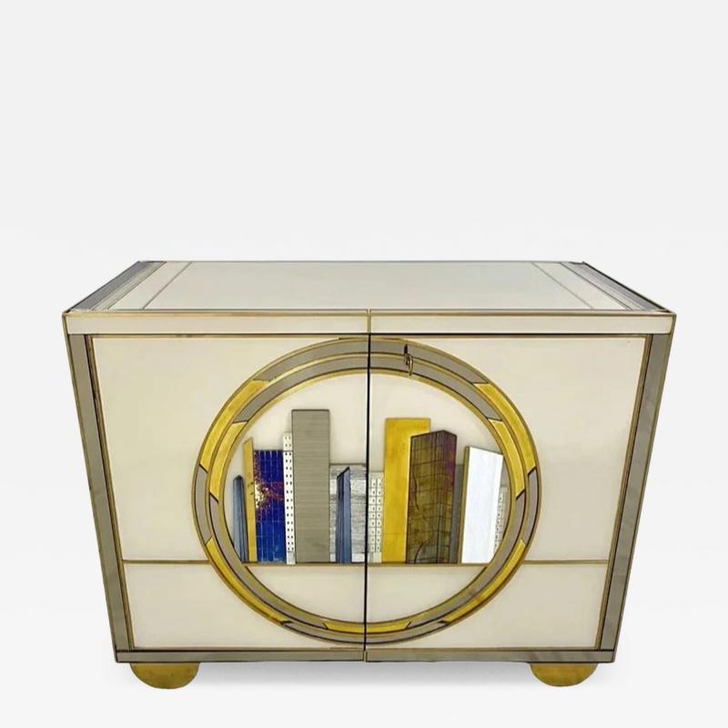 Italian Art Deco Style Cabinet Server with New York Skyline Glass Decoration