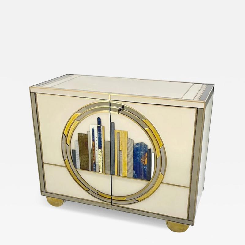 Italian Art Deco Style Cabinet Server with New York Skyline Glass Decoration