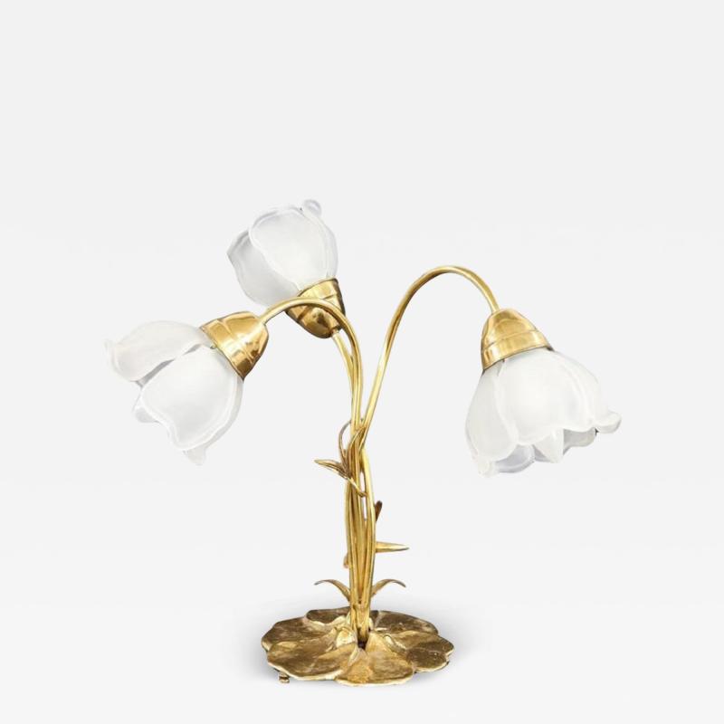 Italian Art Nouveau Style Brass and Glass Table Lamp with Three Light Bulbs