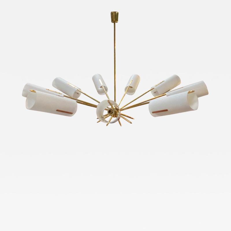 Italian Atomic Chandelier in Brass with Milk Glass Cylinders 1950s
