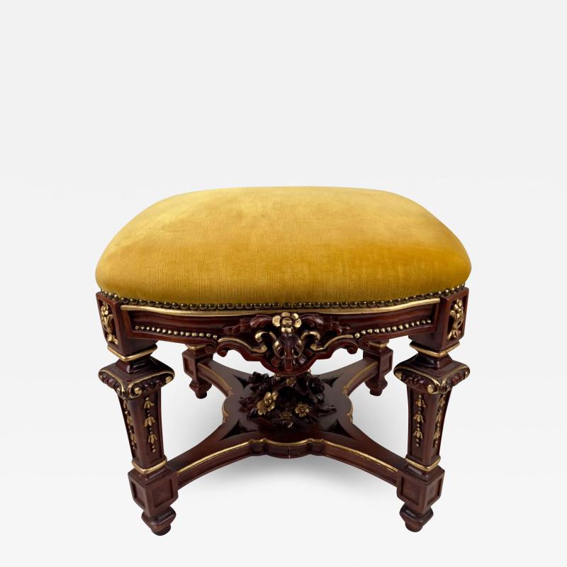 Italian Baroque Style Mahogany Yellow Mustard Velvet Cushion Ottoman or Bench