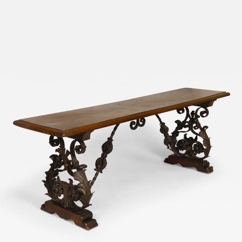 Italian Baroque Style Walnut and Wrought Iron Bench
