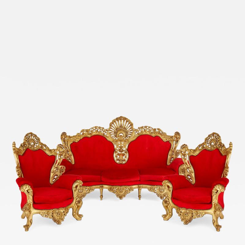 Italian Baroque style three piece upholstery and giltwood seating suite