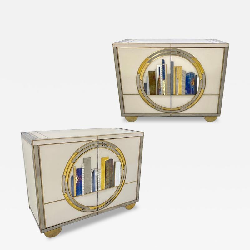Italian Bespoke Modern Ivory Cabinets with Blue Gold Brass New York City Outline