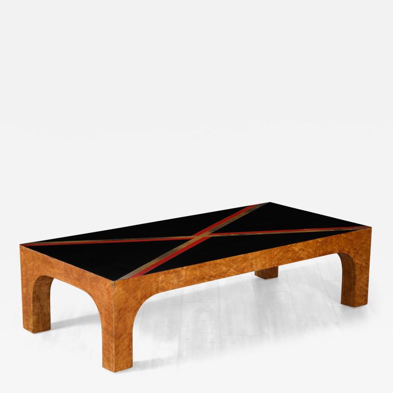 Italian Birds Eye Maple and Black Glass Cocktail Table circa 1970