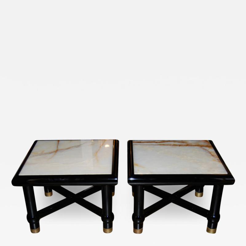 Italian Black Lacquer Side Tables with Onyx Tops