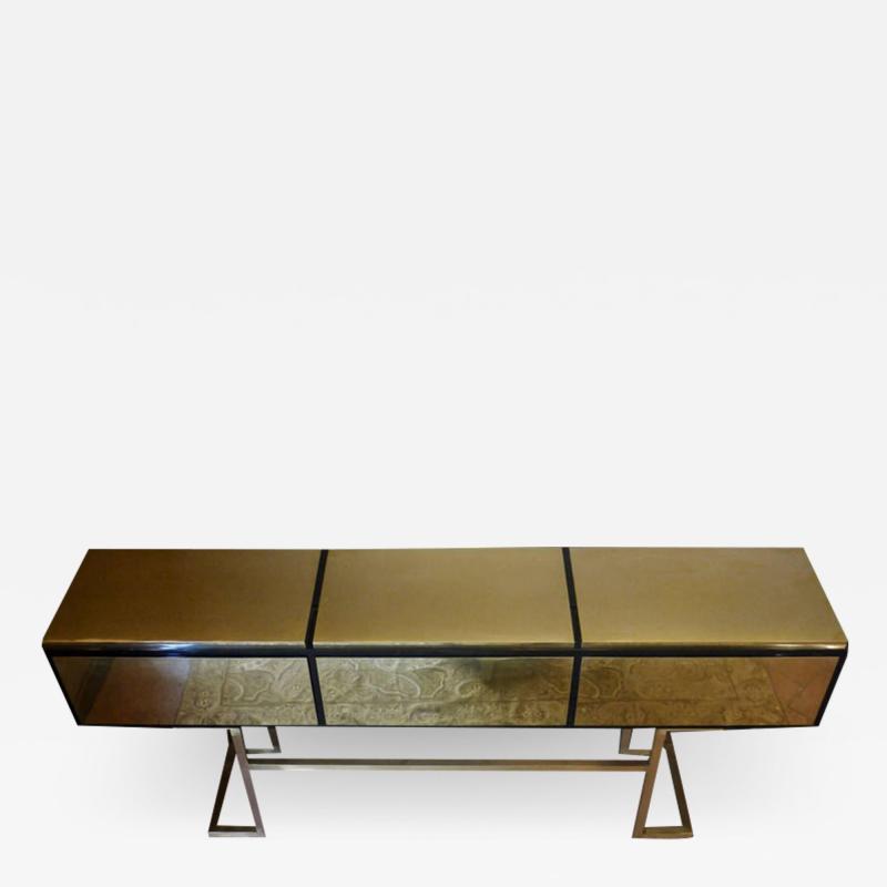 Italian Black Lacquered Wood and Brass Console with Three Drawers