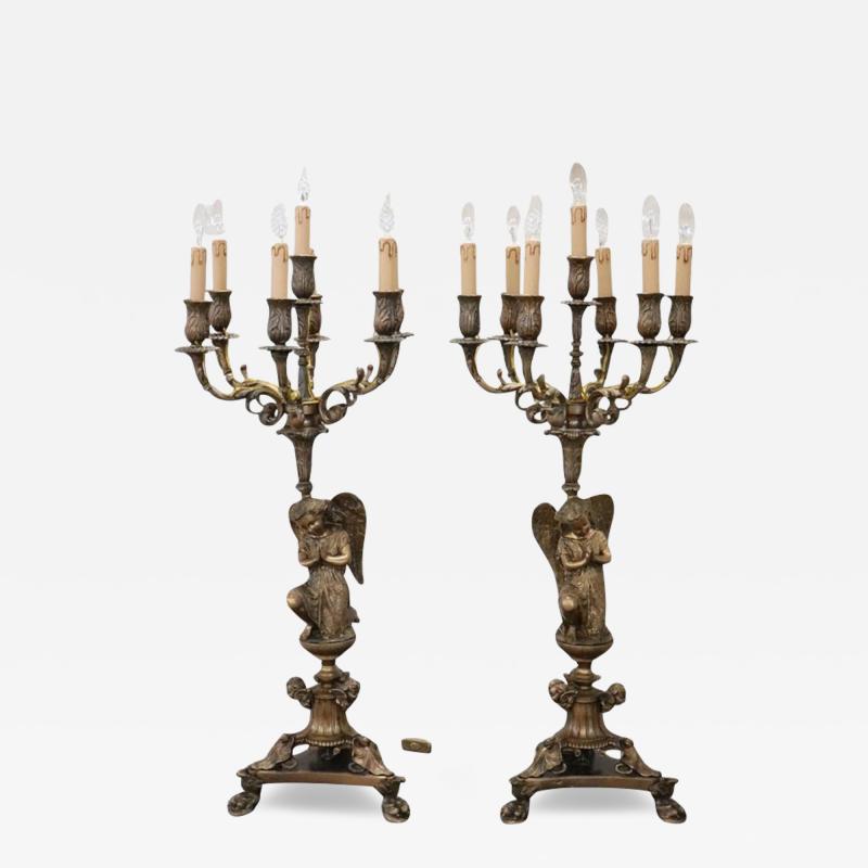 Italian Bronze Pair of Antique Candelabras or Table Lamps with Seven Lights