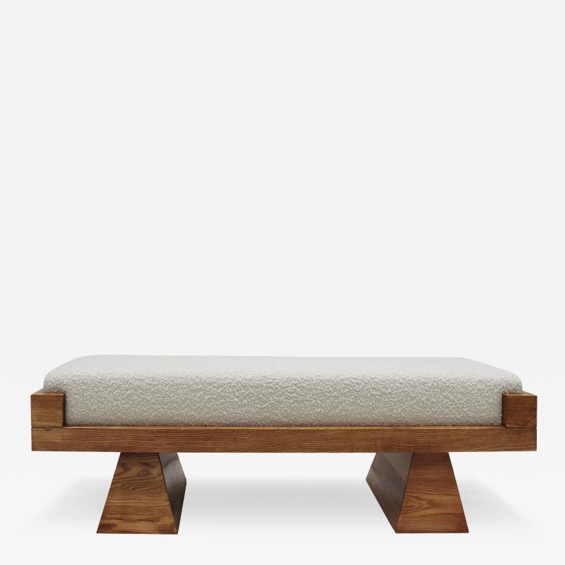 Italian Brutalist Bench in Solid Oak and Wool Boucl