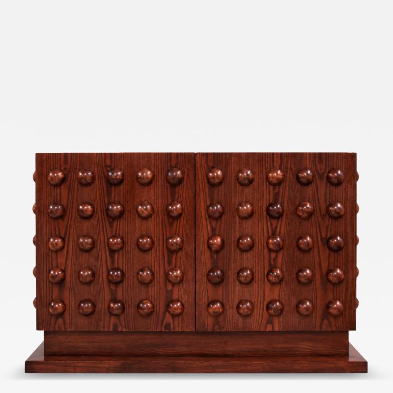 Italian Brutalist Hand Carved Oak Wood Sideboard with Sculptural Studded Doors