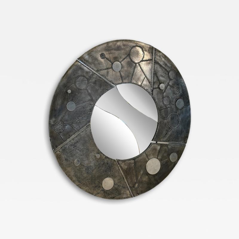 Italian Brutalist Round Mirror with Sculpted Metal Frame 1970s