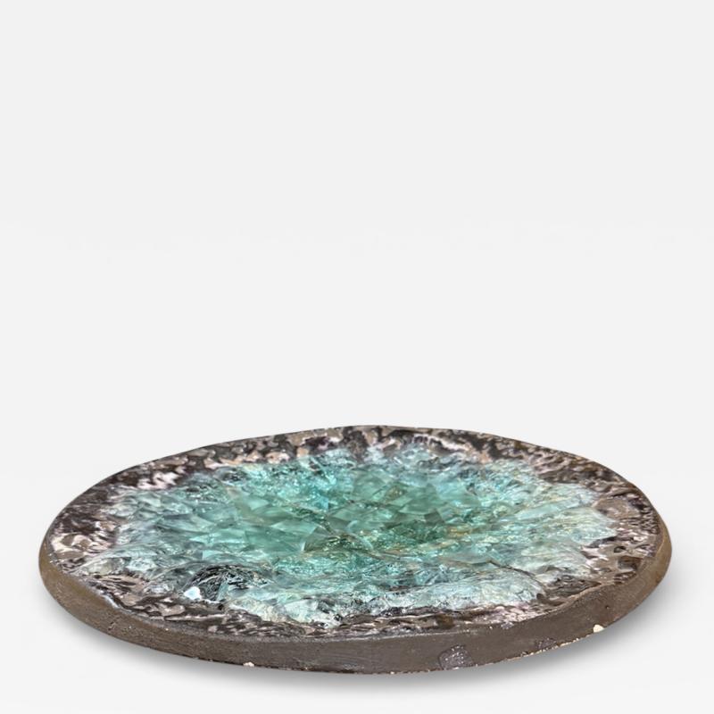 Italian Cast Glass and Textured Metal Centerpiece Bowl 1970s