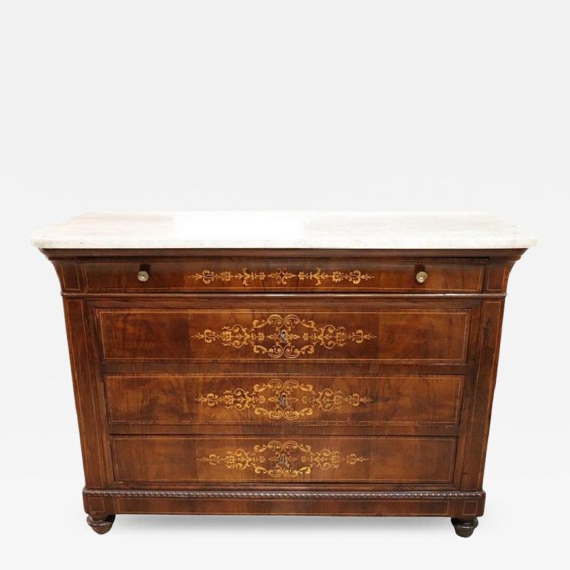 Italian Charles X Inlaid Walnut Antique Chest of Drawers Restored