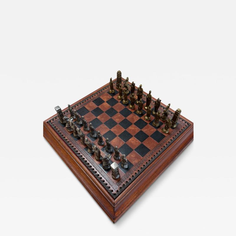 Italian Chess Set in Cast Metal on Carved Wooden Board 1970s