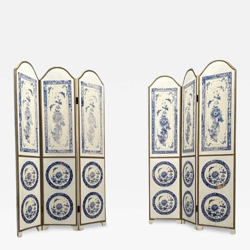 Italian Chinoiserie Room Dividers Screens Blue and White Floral Motif Gilt