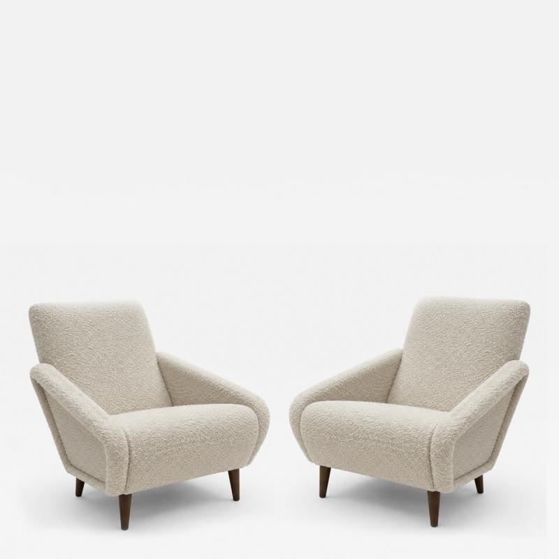 Italian Contemporary Armchairs Upholstered in Ivory Wool and Wooden Legs