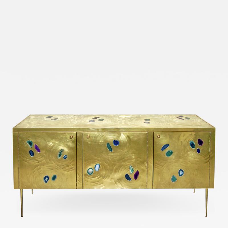 Italian Contemporary Fine Design Brass Cabinet with Blue Green Purple Agate