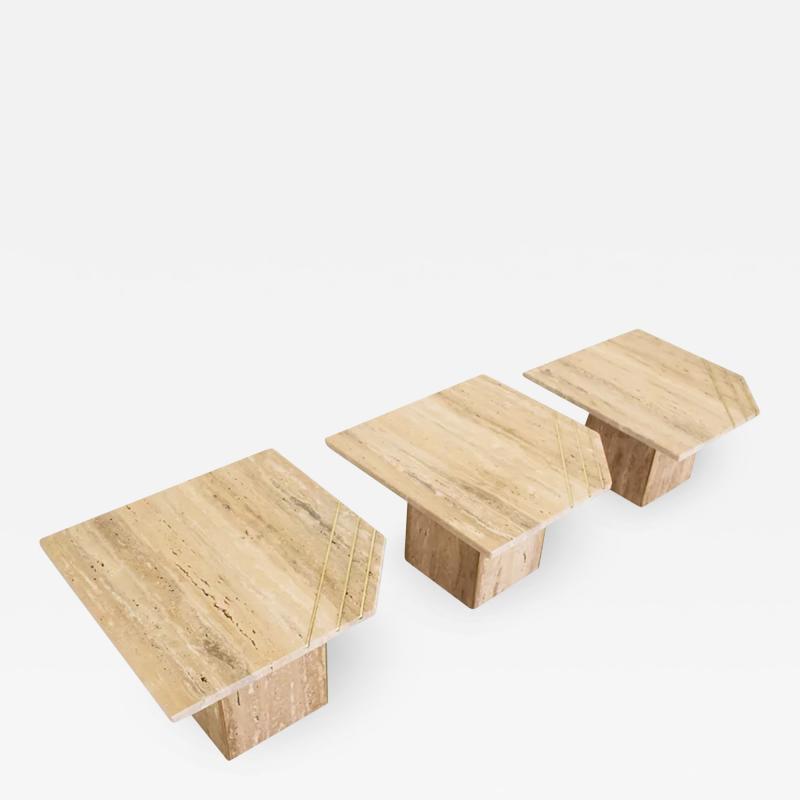 Italian Contemporary Modern Travertine Nesting Tables Set with Brass Insets