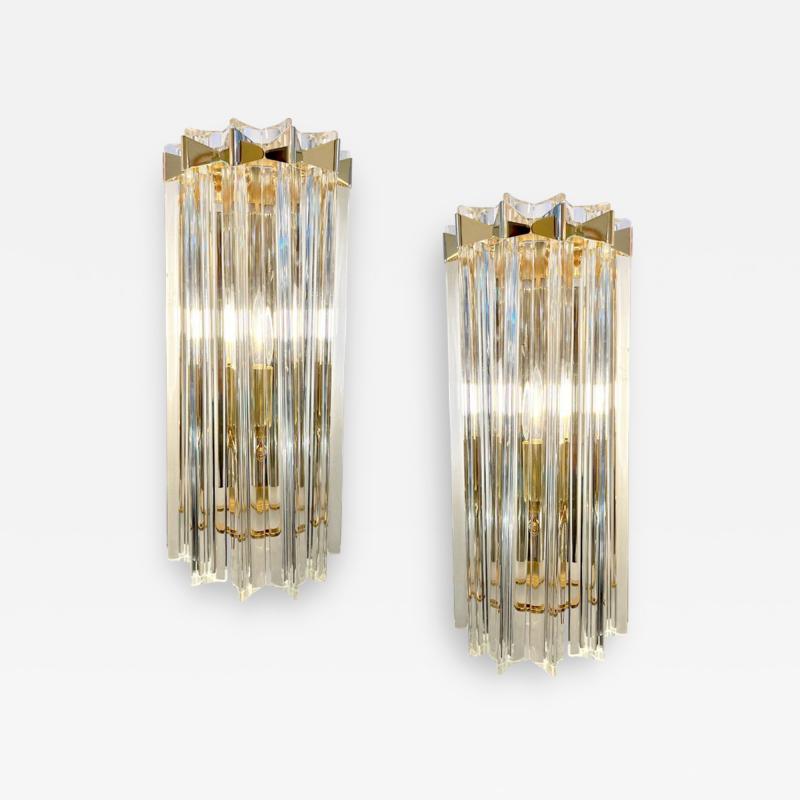 Italian Contemporary Pair of Minimalist Brass Crystal Clear Murano Glass Sconces