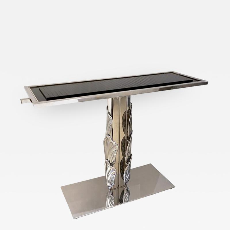 Italian Contemporary Polished Chrome and Black Glass Console with Shell Motif