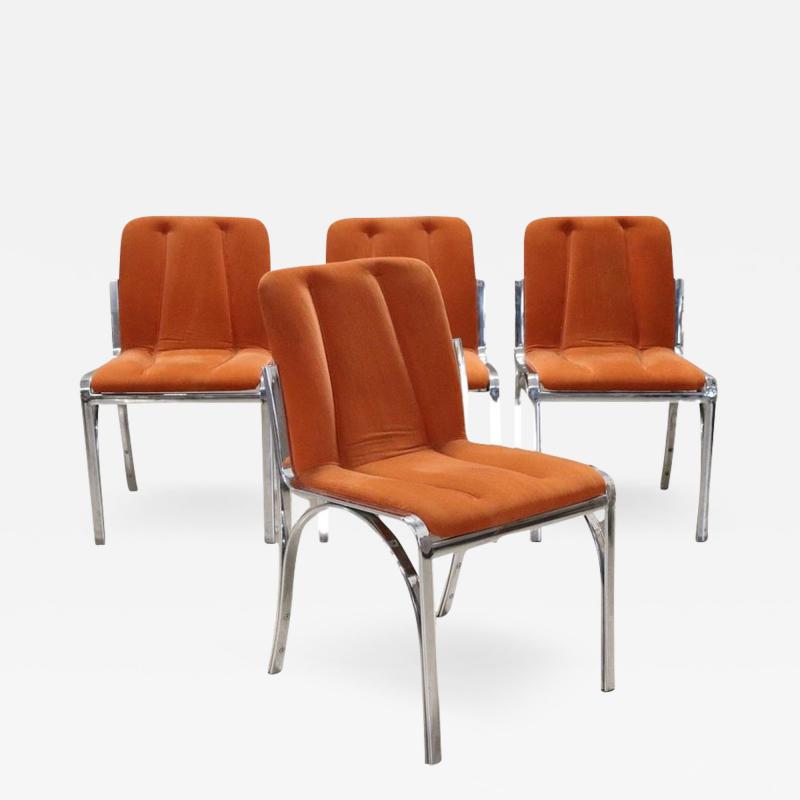 Italian Design Set of Four Chairs in Chromed Metal and Orange Velvet 1970s