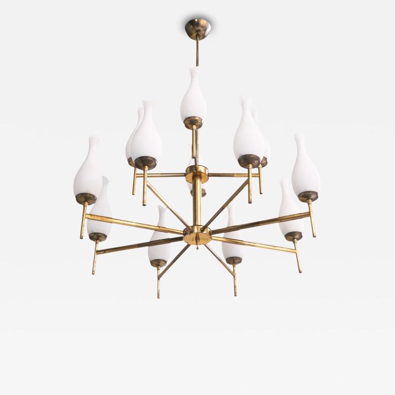 Italian Designer Chandelier with Brass and Glass Italy 1950s