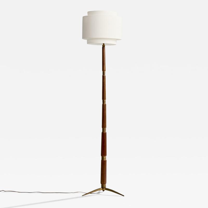 Italian Designer Floor Lamp with Brass Wood and Fabric Italy 1940s