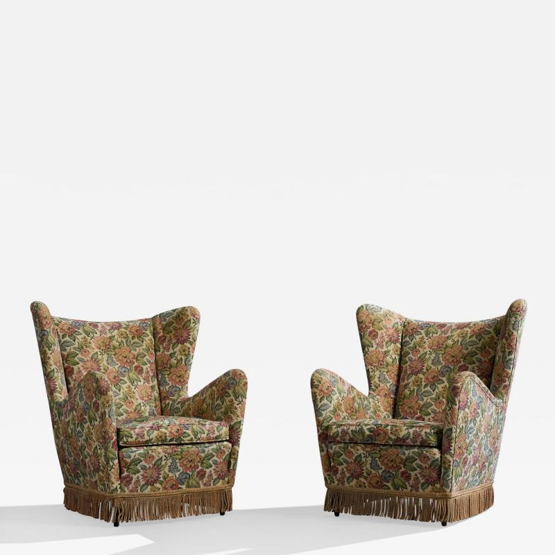 Italian Designer Lounge Chairs with Fabric and Wood Italy 1950s