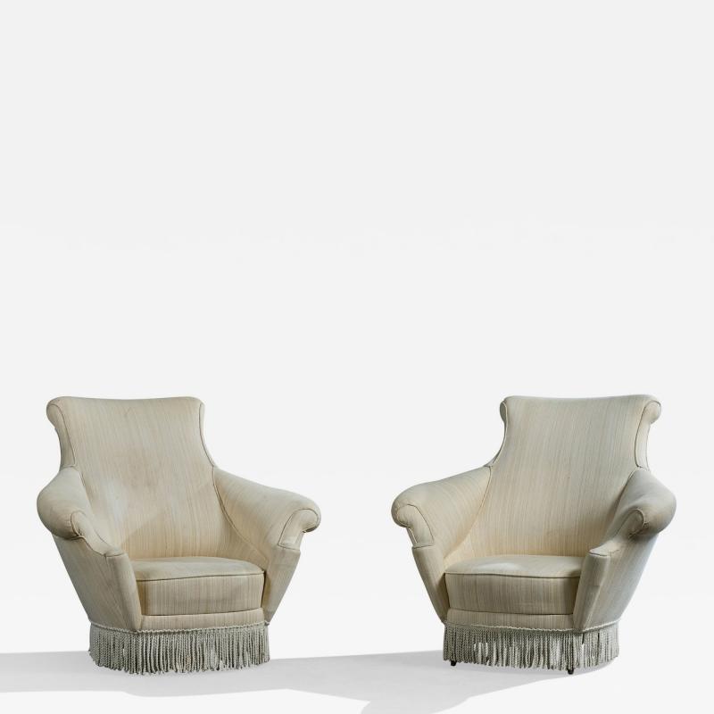Italian Designer Lounge Chairs with Fabric and Wood Italy 1950s