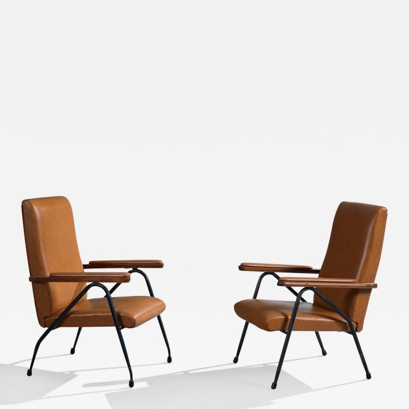 Italian Designer Lounge Chairs with Metal Wood and Vinyl Italy 1960s