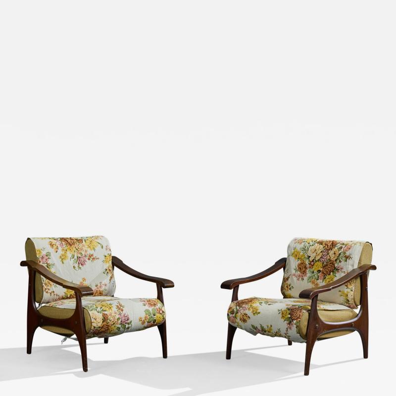 Italian Designer Lounge Chairs with Wood and Fabric Italy 1950s