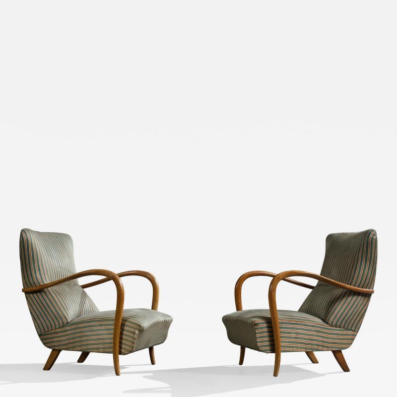 Italian Designer Lounge Chairs with Wood and Fabric Italy 1950s