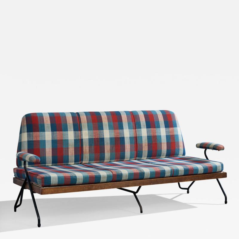 Italian Designer Sofa with Metal Wood and Fabric Italy 1960s