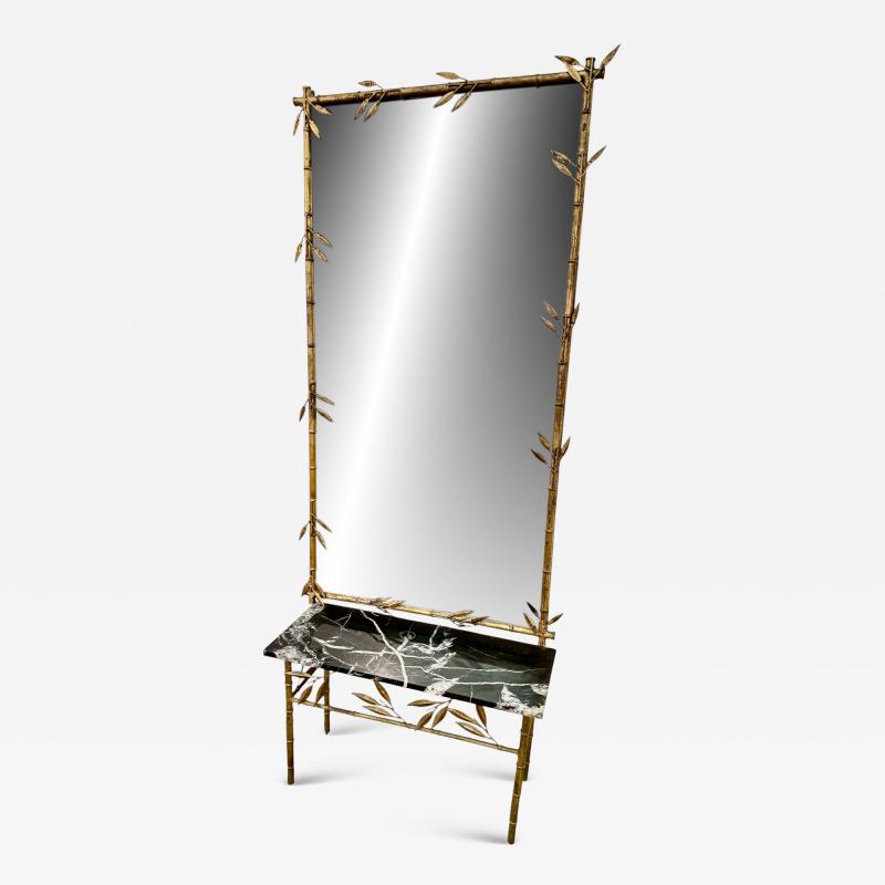 Italian Gilt Bamboo Mirror with Black Marble Console and Leaf Motif