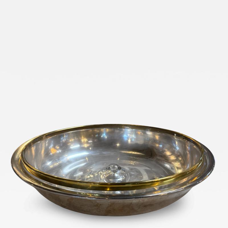Italian Glass and Silver Plate Serving Bowl with Brass Rim 1970s