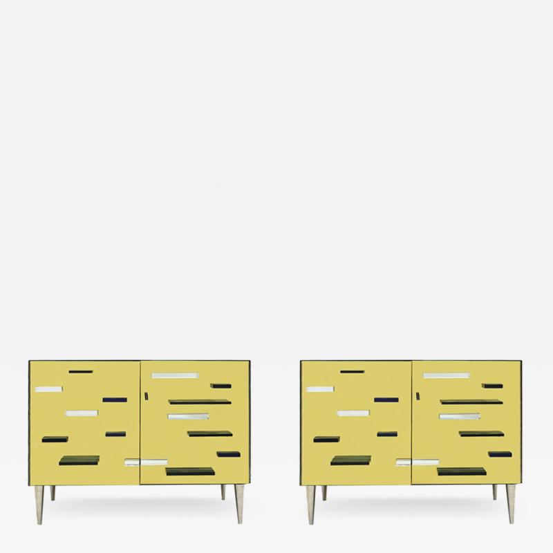 Italian Golden Murano Glass Mirror and Brass Cabinets Set of 2