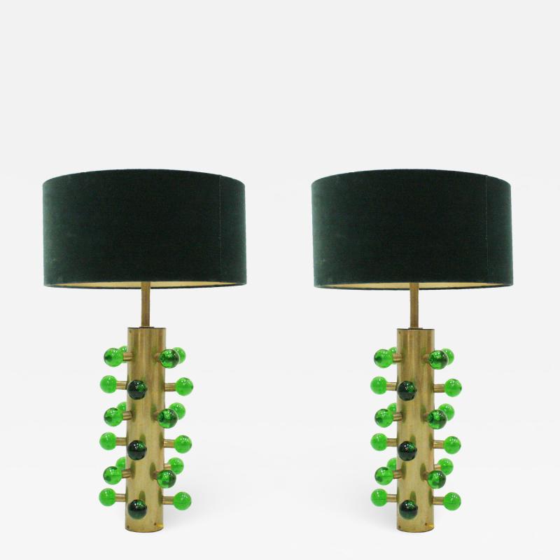 Italian Green Murano Glass and Brass Base Table Lamps