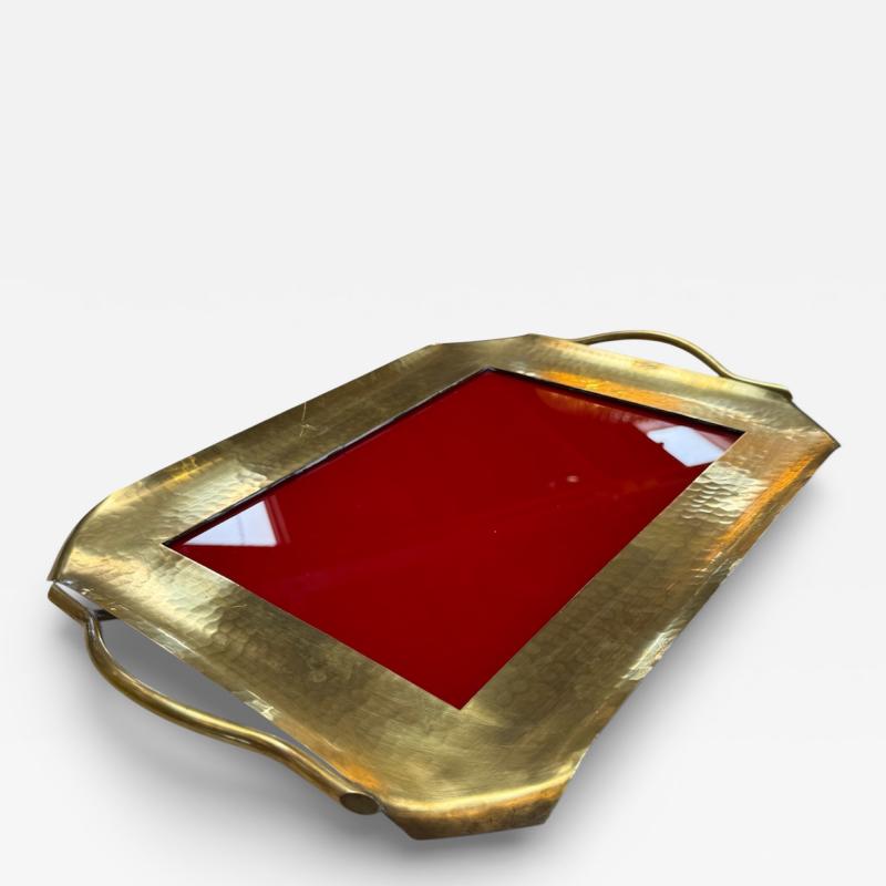 Italian Hammered Brass and Red Lacquer Serving Tray Mid Century