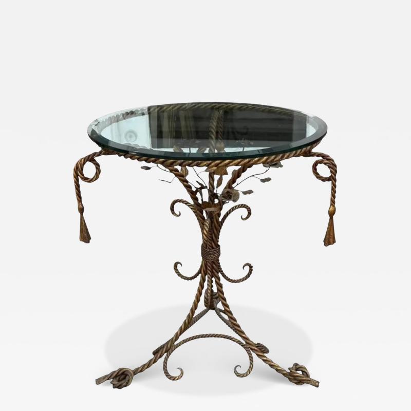 Italian Hollywood Regency Gold Gilt Iron Rope and Tassel Glass Top Side Table