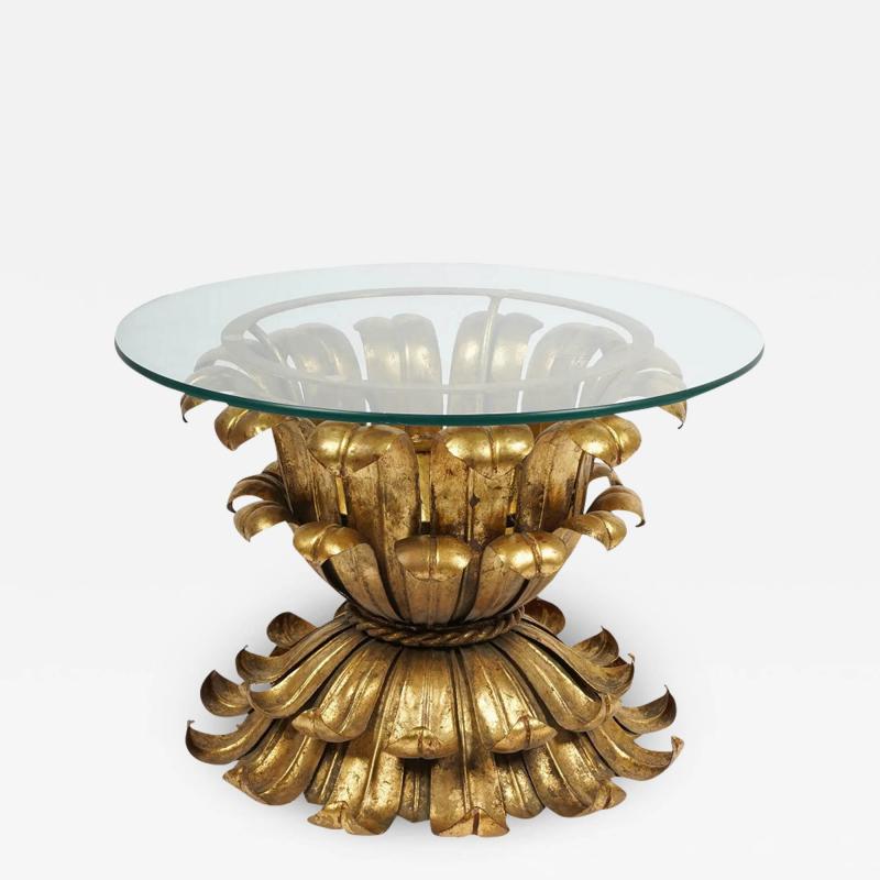 Italian Hollywood Regency Tole Metal Plume Leaf Glass Top Table