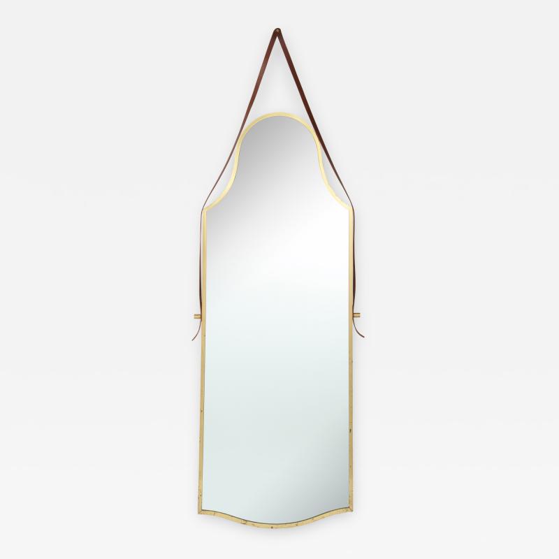 Italian Large Brass Elegantly Shaped Mirror with Leather Strap