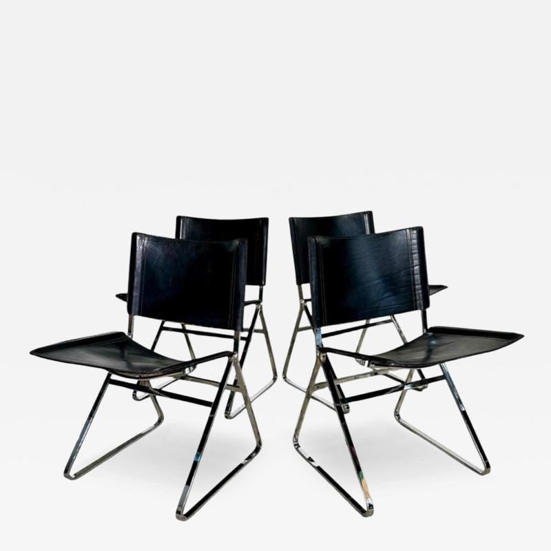 Italian Leather and Stainless Steel Dining Chairs Italy 1970